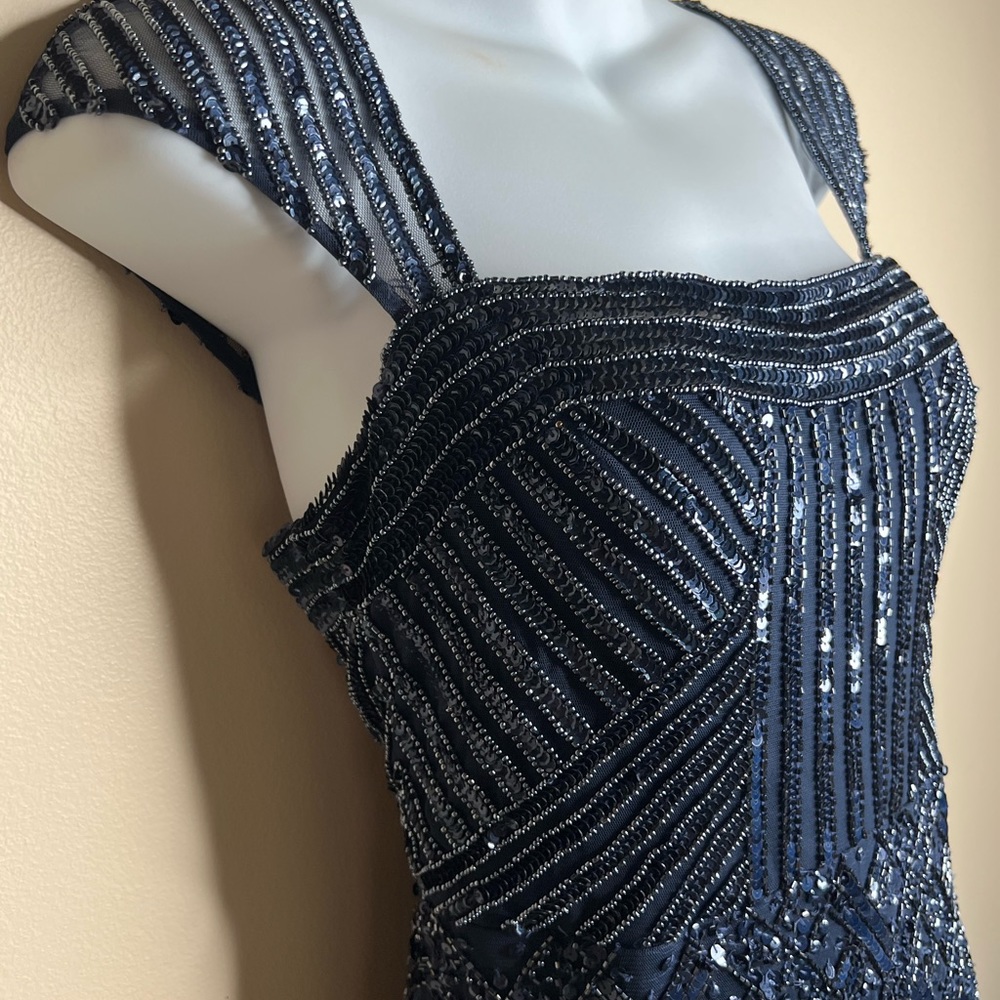 Adrianna Papella short sequin/bead embellished blue dress 6P